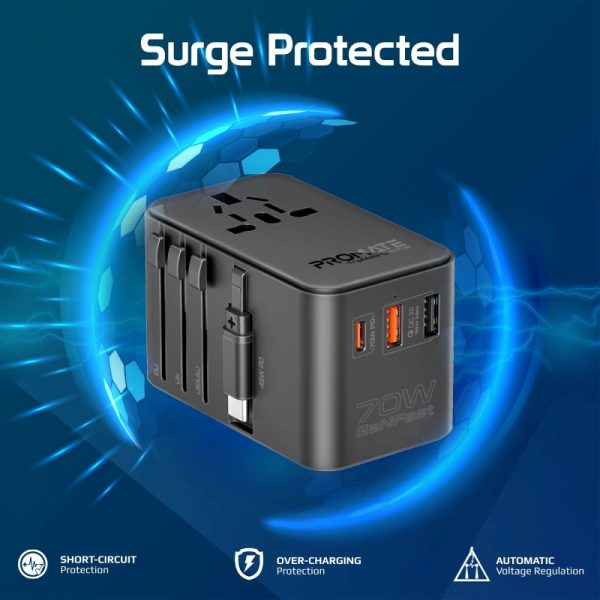 ⁦بروميت TripMate-GaN70R محول سفر عالمي بتقنية GaN بقوة 70 واط، مزود بكابل USB-C قابل للسحب لسهولة الشحن أثناء التنقل في أي مكان⁩ - الصورة ⁦8⁩
