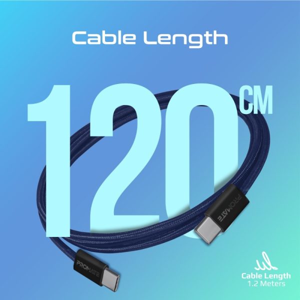 بروميت EcoLine-CC120 كابل USB-C فائق السرعة بقوة 60 واط، بطول 1.2 متر، مصنوع من قماش مضفر متين، يدعم الشحن السريع ونقل البيانات، ويتحمل أكثر من 25000 انحناءة
