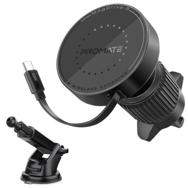 بروميت MagDrive-R شاحن لاسلكي MagSafe بقوة 15 واط، كابل USB-C قابل للسحب، مغناطيسات N52، دوران 360°، وحماية ذكية من الشحن والسخونة الزائدة