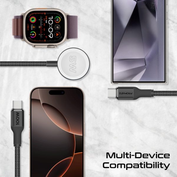 ⁦بروميت Fusion-CCW كابل USB-C فائق السرعة بقوة 100 واط، بمنفذي USB-C وشاحن ساعة أبل، سرعة نقل 480Mbps، تصميم مضفر متين بطول 140 سم – أداء وقوة في كابل واحد⁩ - الصورة ⁦3⁩