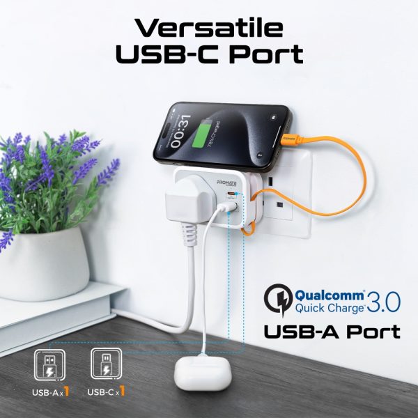 ⁦بروميت VersaSocket شاحن مقبس AC متعدد الوظائف مع كابل USB-C PD مدمج 20 واط، منفذ USB-C إضافي 20 واط، ومنفذ USB-A 18 واط بتقنية QC 3.0 للشحن السريع⁩ - الصورة ⁦2⁩