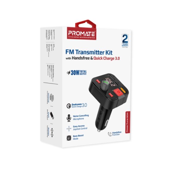 ⁦بروميت PowerTune-30W جهاز إرسال FM بلوتوث 5.1 للسيارة مع شحن USB-C 12 واط، USB 18 واط، ميكروفون مدمج، وشاشة LCD⁩ - الصورة ⁦3⁩