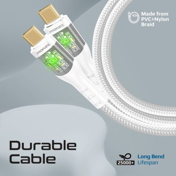 ⁦بروميت TransLine-CC200 كابل USB-C إلى USB-C بطول 2 متر، شحن سريع 60 واط، رأس شفاف مطلي بالذهب مع إضاءة LED، ومقاوم للانحناء حتى 25000 مرة⁩ - الصورة ⁦10⁩