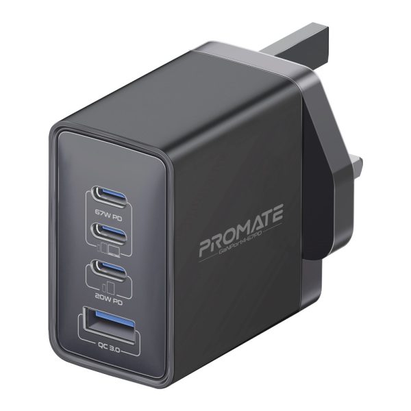 بروميت GaNPort4-67PD شاحن جداري فائق السرعة بتقنية GaN بقدرة 67 واط، بمنفذ USB-C 20 واط، QC 3.0 بقوة 22.5 واط، مع حماية متقدمة لأجهزة اللابتوب والهواتف الذكية