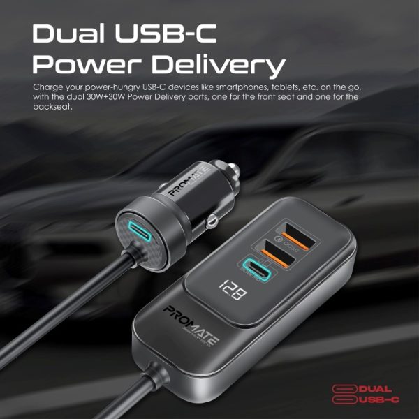 ⁦بروميت GearHub-120W شاحن سيارة 120 واط بمنافذ USB-C وQC 3.0 مزدوجة (30 واط)، شاشة LED، وكابل بطول 1.5 متر لشحن سريع وفعال⁩ - الصورة ⁦5⁩