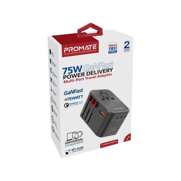 ⁦بروميت TripMate-GaN75 شاحن سفر عالمي بتقنية GaNFast™، قدرة 75 واط، 3 منافذ USB-C، منفذي QC 3.0 بقوة 30 واط، ومقابس مدمجة بتصميم أنيق وعصري⁩ - الصورة ⁦2⁩