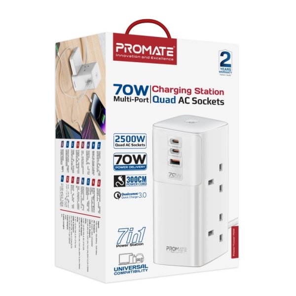 ⁦بروميت PowerTower-70W محطة شحن 70 واط بمنفذي USB-C PD، منفذ QC 3.0 بقوة 30 واط، و4 منافذ AC عالمية بقدرة 2500 واط لشحن فعال ومتعدد الأجهزة⁩ - الصورة ⁦3⁩