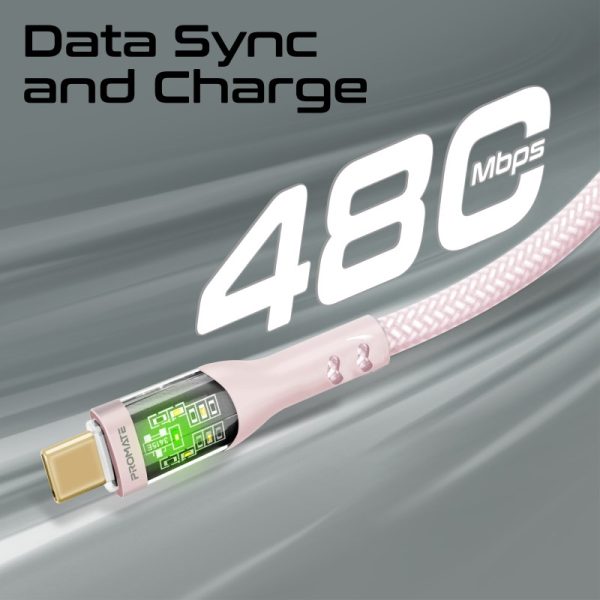 ⁦بروميت TransLine-CC200 كابل USB-C إلى USB-C بطول 2 متر، شحن سريع 60 واط، رأس شفاف مطلي بالذهب مع إضاءة LED، ومقاوم للانحناء حتى 25000 مرة⁩ - الصورة ⁦7⁩