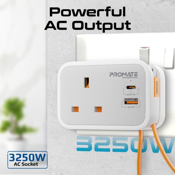 ⁦بروميت VersaSocket شاحن مقبس AC متعدد الوظائف مع كابل USB-C PD مدمج 20 واط، منفذ USB-C إضافي 20 واط، ومنفذ USB-A 18 واط بتقنية QC 3.0 للشحن السريع⁩ - الصورة ⁦3⁩