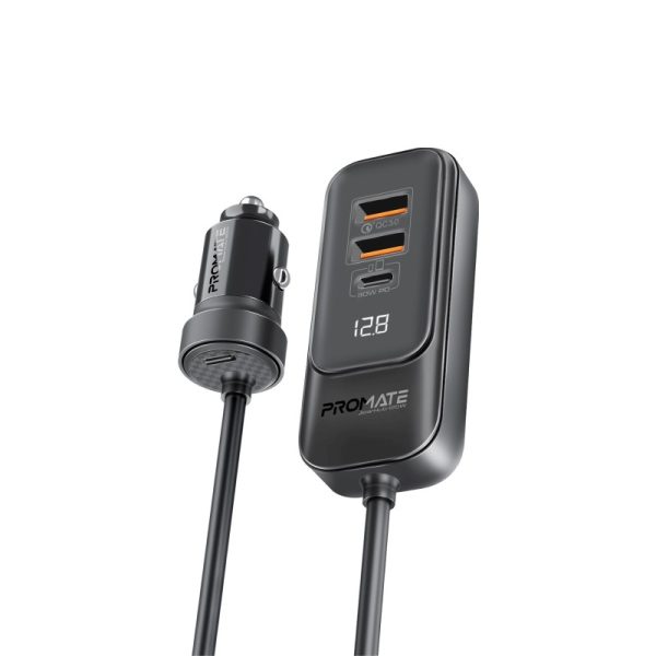 بروميت GearHub-120W شاحن سيارة 120 واط بمنافذ USB-C وQC 3.0 مزدوجة (30 واط)، شاشة LED، وكابل بطول 1.5 متر لشحن سريع وفعال