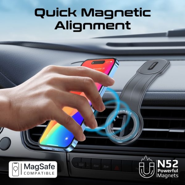بروميت LaxMount حامل جوال مغناطيسي متوافق مع MagSafe، دوران 360°، تصميم مرن ومضاد للانزلاق مع حلقة معدنية للتثبيت على الزجاج أو لوحة القيادة