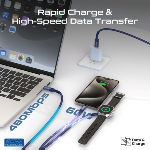 ⁦بروميت iCharge-Trio كابل 5 في 1 بقدرة 60 واط، يضم USB-C فائق السرعة، شاحن لايتنينغ 27 واط، شاحن ساعة أبل 2.5 واط، بطول 1.5 متر لشحن ونقل بيانات بكفاءة عالية⁩ - الصورة ⁦5⁩