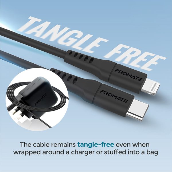 ⁦بروميت PowerLink-200 كابل USB-C إلى لايتنينغ بقوة 20 واط، بطول 2 متر، مصنوع من السيليكون، ومتين لتحمل أكثر من 25000 انحناءة لشحن قوي وآمن⁩ - الصورة ⁦7⁩