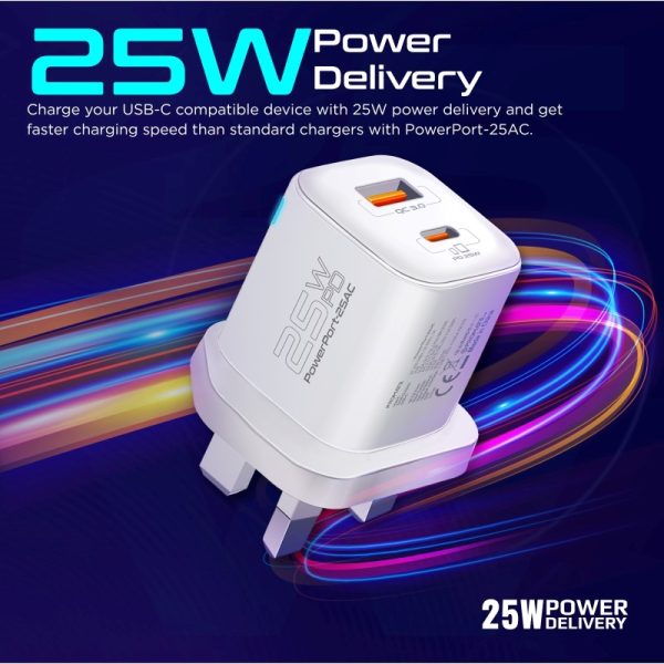 ⁦بروميت PowerPort-25AC شاحن جداري بقدرة 25 واط، بمنفذ USB-C PD ومنفذ QC 3.0 بقوة 18 واط، مع حماية من زيادة التيار وتنظيم جهد تلقائي لشحن آمن وسريع⁩ - الصورة ⁦3⁩