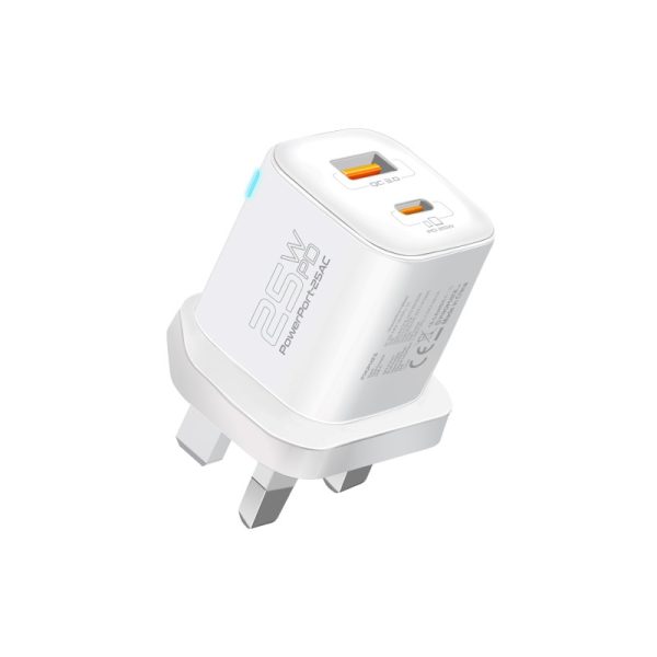 بروميت PowerPort-25AC شاحن جداري بقدرة 25 واط، بمنفذ USB-C PD ومنفذ QC 3.0 بقوة 18 واط، مع حماية من زيادة التيار وتنظيم جهد تلقائي لشحن آمن وسريع