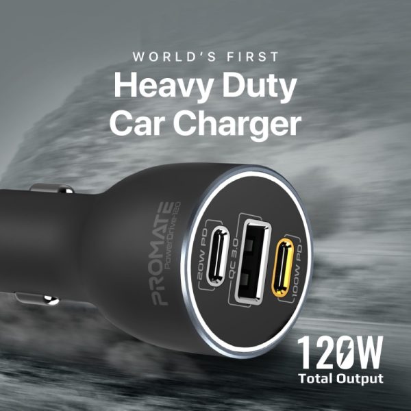 ⁦بروميت PowerDrive-120 شاحن سيارة 120 واط بمنفذي USB-C (100 و20 واط) ومنفذ USB QC 3.0 بقدرة 18 واط، مع حماية من الشحن الزائد⁩ - الصورة ⁦8⁩