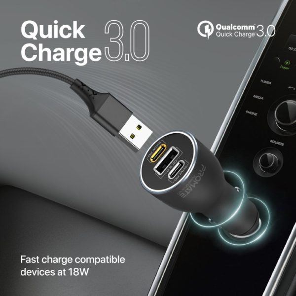 ⁦بروميت PowerDrive-120 شاحن سيارة 120 واط بمنفذي USB-C (100 و20 واط) ومنفذ USB QC 3.0 بقدرة 18 واط، مع حماية من الشحن الزائد⁩ - الصورة ⁦9⁩