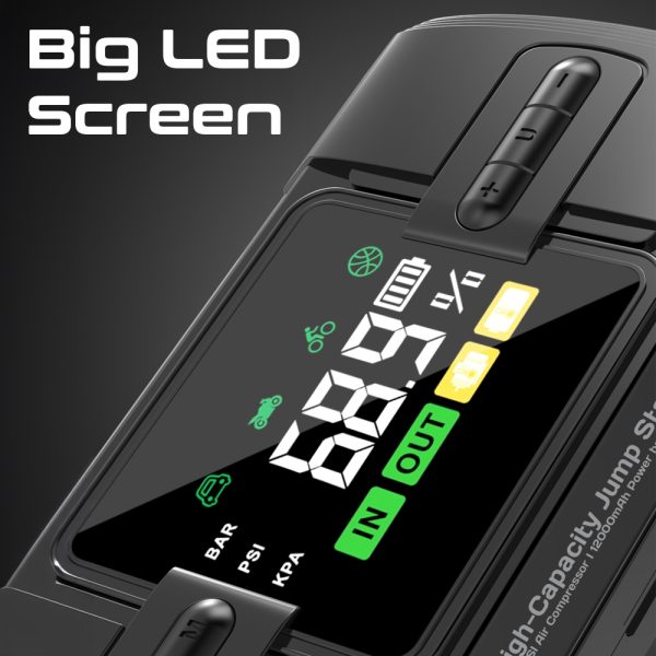⁦بروميت PatrolPack-3 جهاز تشغيل سيارة 1200 أمبير مع ضاغط هواء 150 PSI، بطارية 12000mAh، مصباح LED، مشابك ذكية، وشاشة LCD⁩ - الصورة ⁦9⁩