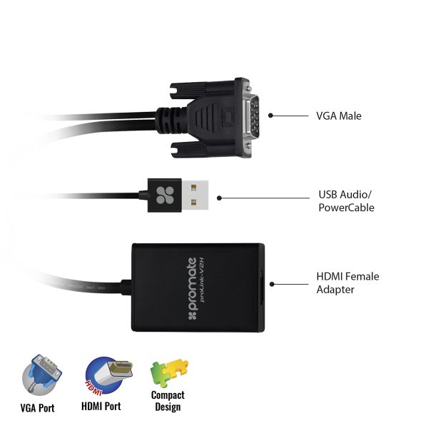 ⁦بروميت ProLink-V2H محول VGA إلى HDMI بدقة 1080p مع كابل USB مدمج للصوت والطاقة⁩ - الصورة ⁦2⁩