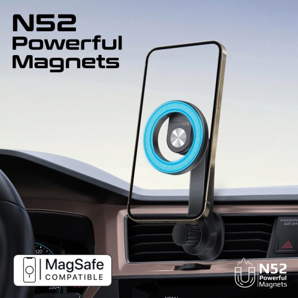 بروميت MagHoop-AV حامل جوال MagSafe بحلقة مغناطيسية، يُركب على فتحة المكيف، مضاد للانزلاق ويدور 360° لقيادة مريحة وآمنة