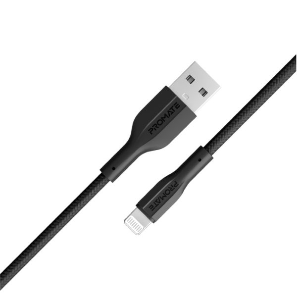 بروميت XCord-Ai كابل USB-A إلى لايتنينغ بقوة 10 واط، سرعة 480Mbps، سيليكون مضاد للتشابك، بطول 100 سم وتحمل 10,000 انحناءة