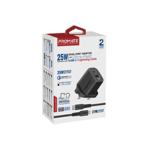 ⁦بروميت ChargeKit-25PDi مجموعة شحن سريعة تضم شاحن 25 واط وكابل USB-C إلى لايتنينغ 27 واط، تدعم QC 3.0 ومزامنة البيانات⁩ - الصورة ⁦2⁩