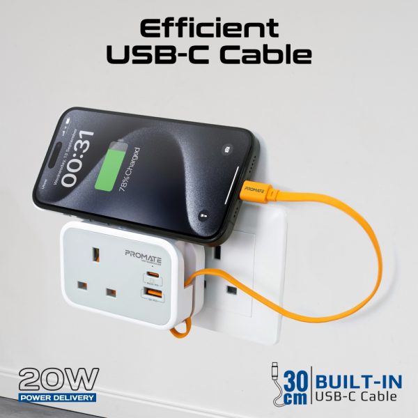 ⁦بروميت VersaSocket شاحن مقبس AC متعدد الوظائف مع كابل USB-C PD مدمج 20 واط، منفذ USB-C إضافي 20 واط، ومنفذ USB-A 18 واط بتقنية QC 3.0 للشحن السريع⁩ - الصورة ⁦4⁩