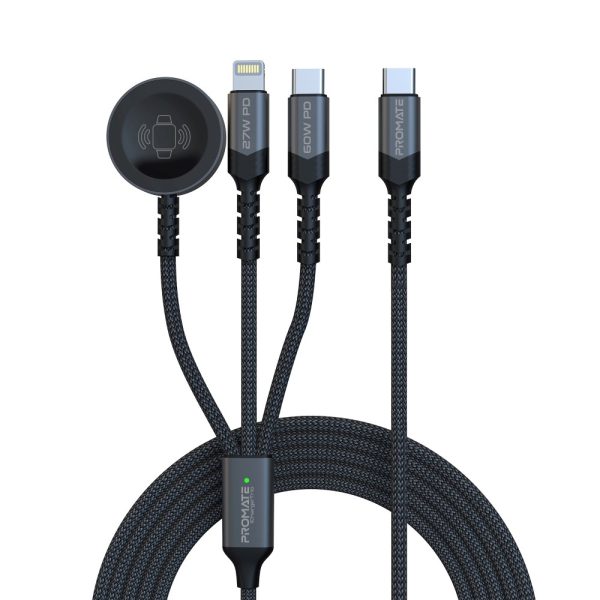 ⁦بروميت iCharge-Trio كابل 5 في 1 بقدرة 60 واط، يضم USB-C فائق السرعة، شاحن لايتنينغ 27 واط، شاحن ساعة أبل 2.5 واط، بطول 1.5 متر لشحن ونقل بيانات بكفاءة عالية⁩ - الصورة ⁦2⁩