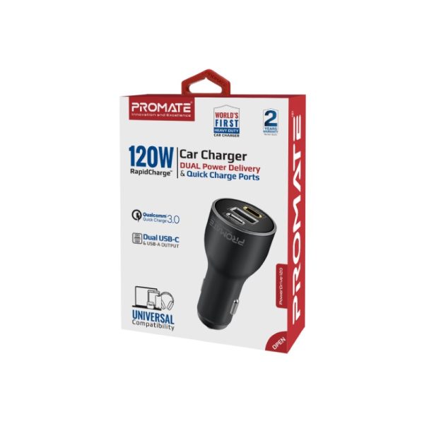 ⁦بروميت PowerDrive-120 شاحن سيارة 120 واط بمنفذي USB-C (100 و20 واط) ومنفذ USB QC 3.0 بقدرة 18 واط، مع حماية من الشحن الزائد⁩ - الصورة ⁦3⁩