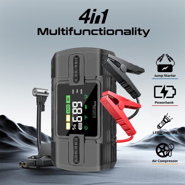 ⁦بروميت PatrolPack-3 جهاز تشغيل سيارة 1200 أمبير مع ضاغط هواء 150 PSI، بطارية 12000mAh، مصباح LED، مشابك ذكية، وشاشة LCD⁩ - الصورة ⁦2⁩