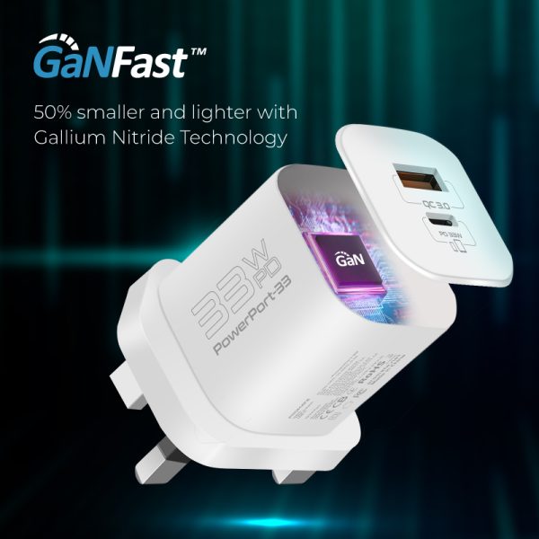 ⁦بروميت PowerPort-33 شاحن جداري مدمج بتقنية GaNFast، بقدرة 33 واط، مزود بمنفذي USB-C وUSB-A لشحن سريع وفعال للأجهزة المتعددة⁩ - الصورة ⁦3⁩