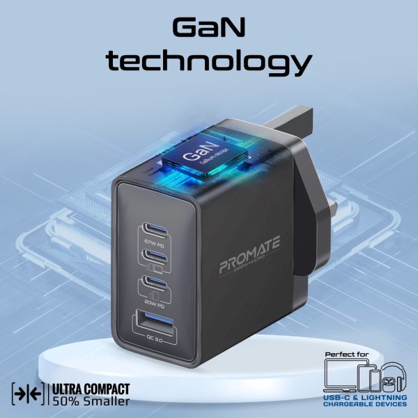 ⁦بروميت GaNPort4-67PD شاحن جداري فائق السرعة بتقنية GaN بقدرة 67 واط، بمنفذ USB-C 20 واط، QC 3.0 بقوة 22.5 واط، مع حماية متقدمة لأجهزة اللابتوب والهواتف الذكية⁩ - الصورة ⁦2⁩