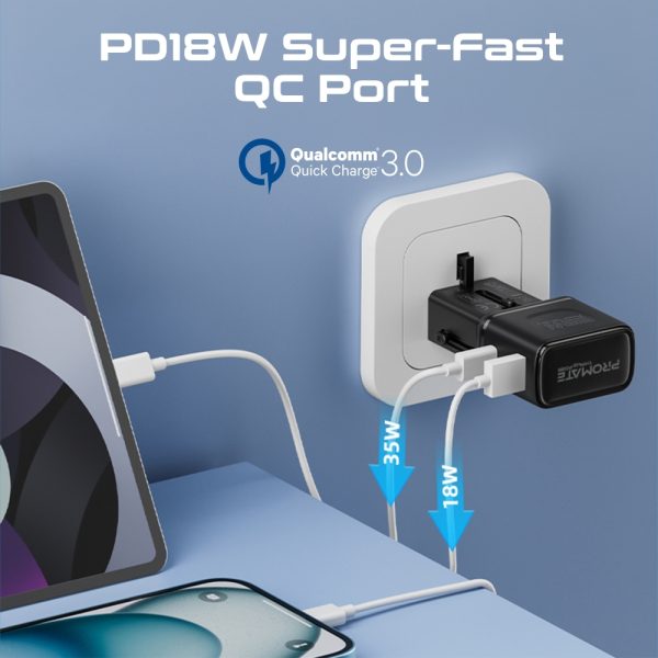 ⁦بروميت TriPlug-PD35 محول سفر عالمي متعدد المنافذ (US/UK/EU/AU)، بمنفذ USB-C 35 واط وQC 18 واط، تصميم مدمج، ومزود بحماية من الجهد والحرارة الزائدة، مثالي للسفر الدولي⁩ - الصورة ⁦3⁩