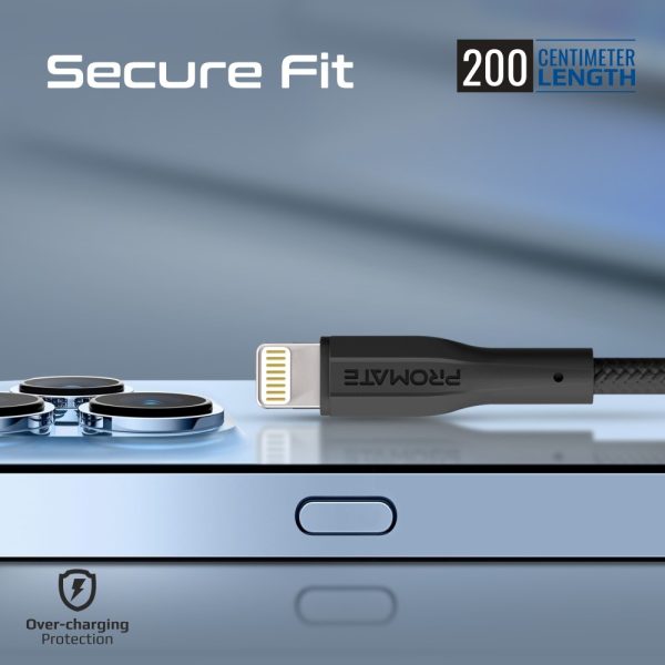 ⁦بروميت XCORD-AI200 كابل USB-A إلى لايتنينغ بقوة 10 واط، سرعة نقل 480Mbps، بطول 200 سم، سيليكون مضاد للتشابك، ومتين حتى 10,000 انحناءة⁩ - الصورة ⁦3⁩