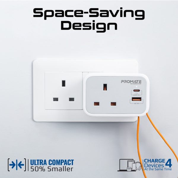 ⁦بروميت VersaSocket شاحن مقبس AC متعدد الوظائف مع كابل USB-C PD مدمج 20 واط، منفذ USB-C إضافي 20 واط، ومنفذ USB-A 18 واط بتقنية QC 3.0 للشحن السريع⁩ - الصورة ⁦5⁩
