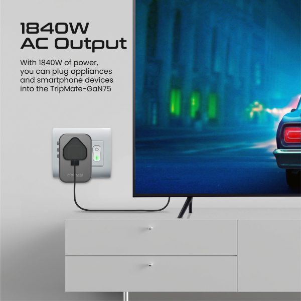 ⁦بروميت TripMate-GaN75 شاحن سفر عالمي بتقنية GaNFast™، قدرة 75 واط، 3 منافذ USB-C، منفذي QC 3.0 بقوة 30 واط، ومقابس مدمجة بتصميم أنيق وعصري⁩ - الصورة ⁦7⁩
