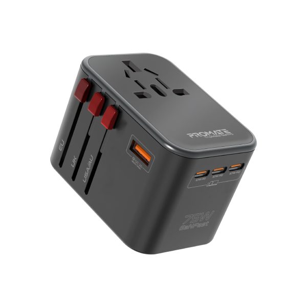 بروميت TripMate-GaN75 شاحن سفر عالمي بتقنية GaNFast™، قدرة 75 واط، 3 منافذ USB-C، منفذي QC 3.0 بقوة 30 واط، ومقابس مدمجة بتصميم أنيق وعصري