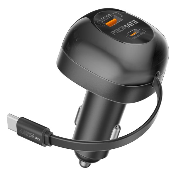 بروميت PowerDrive-RC65 شاحن سيارة 62 واط بمنفذ USB-C وكابل قابل للسحب 45 واط بطول 80 سم، تصميم مدمج وصغير الحجم