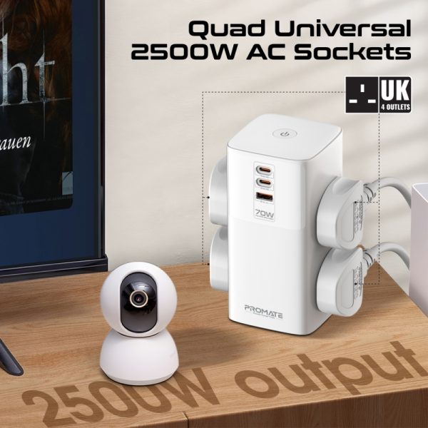 ⁦بروميت PowerTower-70W محطة شحن 70 واط بمنفذي USB-C PD، منفذ QC 3.0 بقوة 30 واط، و4 منافذ AC عالمية بقدرة 2500 واط لشحن فعال ومتعدد الأجهزة⁩ - الصورة ⁦8⁩