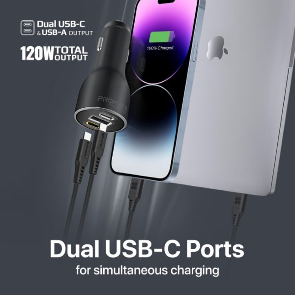 ⁦بروميت PowerDrive-120 شاحن سيارة 120 واط بمنفذي USB-C (100 و20 واط) ومنفذ USB QC 3.0 بقدرة 18 واط، مع حماية من الشحن الزائد⁩ - الصورة ⁦5⁩