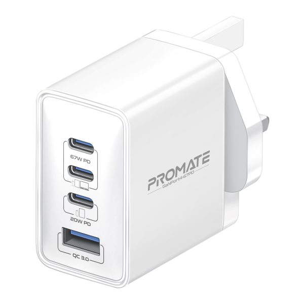 ⁦بروميت GaNPort4-67PD شاحن جداري فائق السرعة بتقنية GaN بقدرة 67 واط، بمنفذ USB-C 20 واط، QC 3.0 بقوة 22.5 واط، مع حماية متقدمة لأجهزة اللابتوب والهواتف الذكية⁩ - الصورة ⁦4⁩