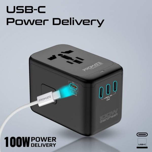 ⁦بروميت TripMate-GaN100 محول شحن عالمي بتقنية GaN بقوة 100 واط، مزود بكابل USB-C قابل للسحب لسهولة الاستخدام أثناء السفر⁩ - الصورة ⁦2⁩