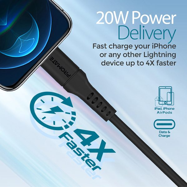 ⁦بروميت PowerLink-300 كابل USB-C إلى لايتنينغ بقوة 20 واط، بطول 3 أمتار، مصنوع من السيليكون ومتين بتحمل أكثر من 25000 انحناءة لشحن سريع وموثوق⁩ - الصورة ⁦7⁩