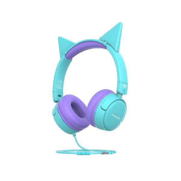 بروميت Jewel سماعة رأس سلكية للأطفال بتصميم آذان قطة، صوت KidSafe 85–95 ديسيبل، ميكروفون مدمج، وقابلة للطي والمشاركة