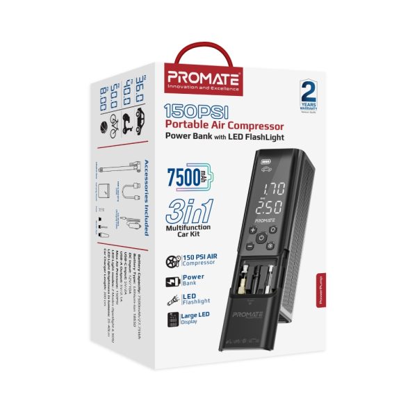 ⁦بروميت PowerPump ضاغط هواء محمول ببطارية 7500mAh، ضغط حتى 150 PSI، ضوء LED، SOS، ومنفذ USB-A مع نظام مراقبة ضغط الإطارات⁩ - الصورة ⁦3⁩