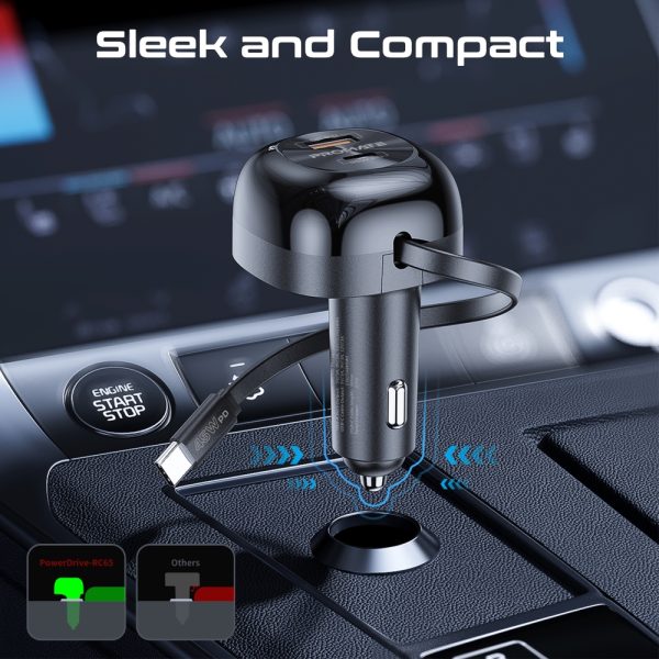 ⁦بروميت PowerDrive-RC65 شاحن سيارة 62 واط بمنفذ USB-C وكابل قابل للسحب 45 واط بطول 80 سم، تصميم مدمج وصغير الحجم⁩ - الصورة ⁦7⁩