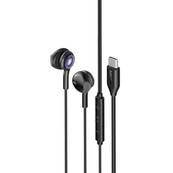 بروميت LumiBuds-C سماعات أذن USB-C بتقنية HD، تصميم شفاف، إضاءة RGB، وميكروفون مدمج مع تحكم بالصوت