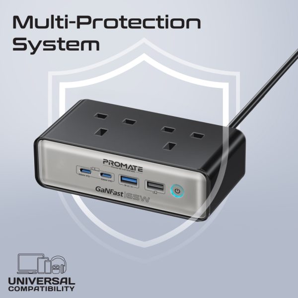 ⁦بروميت PowerBrix2-GaN65 محطة شحن 6 في 1 بتقنية GaNFast™، بقدرة 65 واط، تشمل مقبسين AC بقوة 3250 واط، منفذي USB-C PD حتى 65 واط، منفذ QC 3.0 بقوة 60 واط، ومنفذ USB-A لشحن شامل وآمن⁩ - الصورة ⁦5⁩