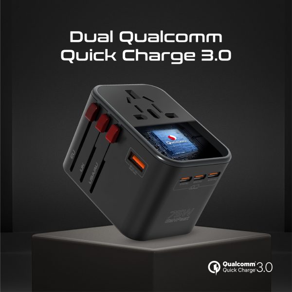 ⁦بروميت TripMate-GaN75 شاحن سفر عالمي بتقنية GaNFast™، قدرة 75 واط، 3 منافذ USB-C، منفذي QC 3.0 بقوة 30 واط، ومقابس مدمجة بتصميم أنيق وعصري⁩ - الصورة ⁦8⁩