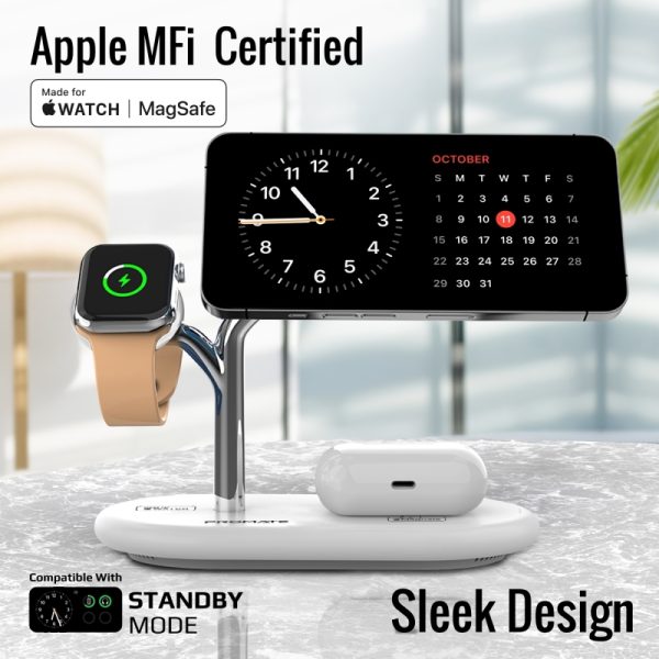 ⁦بروميت Synergy-Pro محطة شحن MagSafe معتمدة من Apple MFi، بقدرة 57 واط: شاحن MagSafe 15 واط، شاحن ساعة أبل 7.5 واط، شاحن Qi 10 واط، ومنفذ USB-C PD بقدرة 24 واط⁩ - الصورة ⁦9⁩